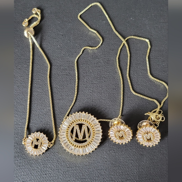 Necklace Jewelry - 14k Gold Plated M Necklace Stud Earrings and Bolo Bracelet Set